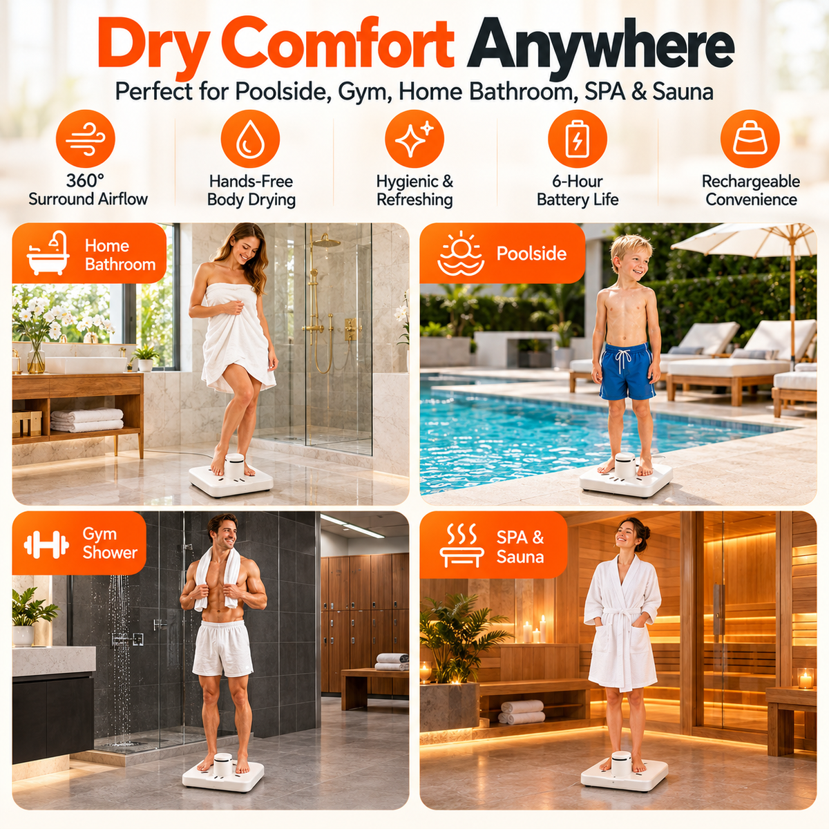Rechargeable Hands-Free Full Body Dryer | Warm & Cool Air for Shower, Pool, Gym & Spa