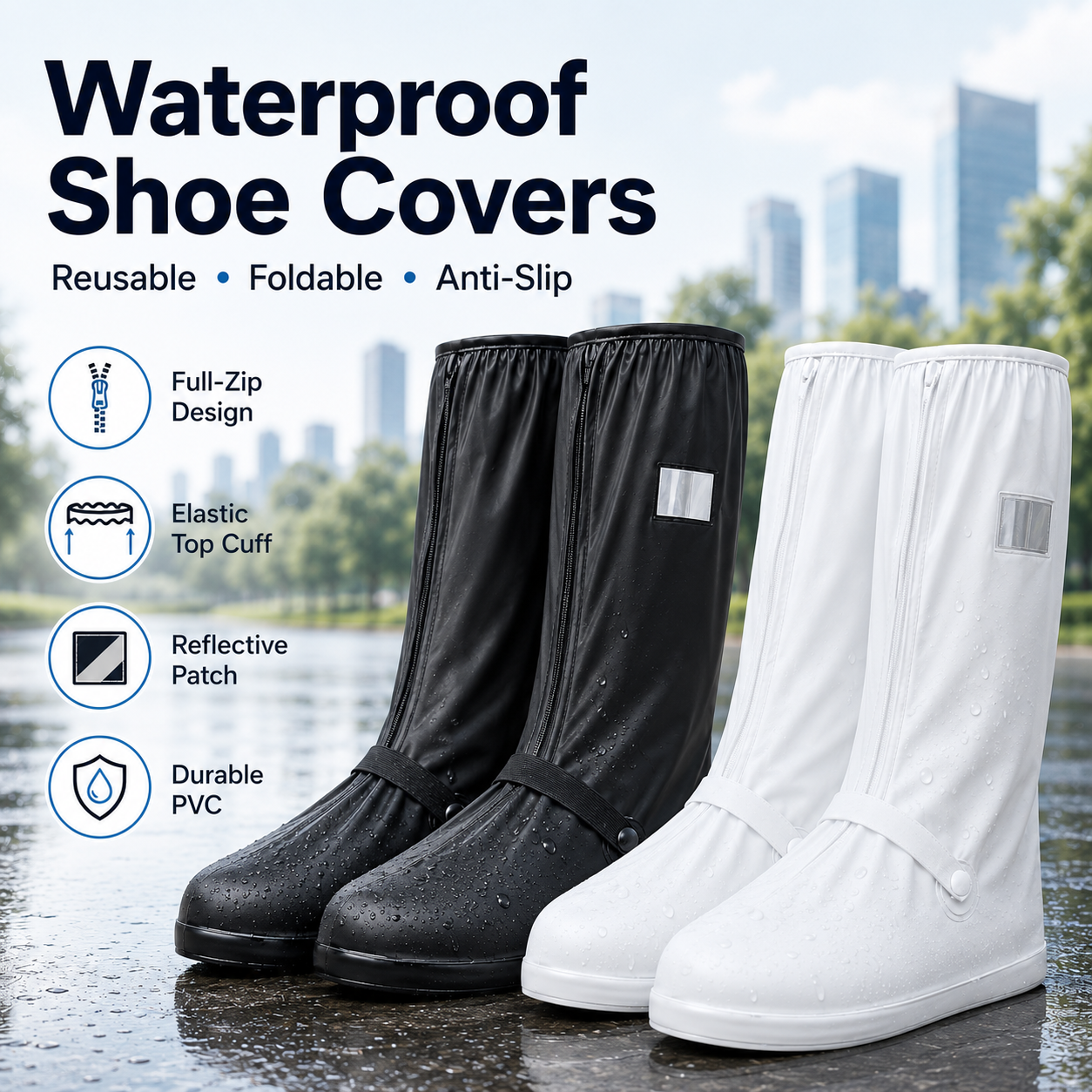 Reusable Waterproof Shoe Covers, Anti‑Slip Foldable Rain Boot Covers
