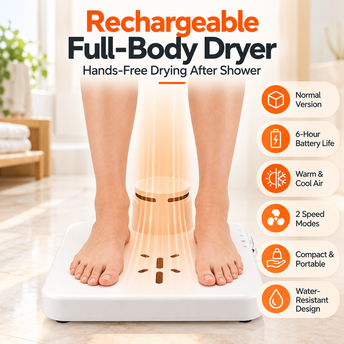 Rechargeable Hands-Free Full Body Dryer | Warm & Cool Air for Shower, Pool, Gym & Spa