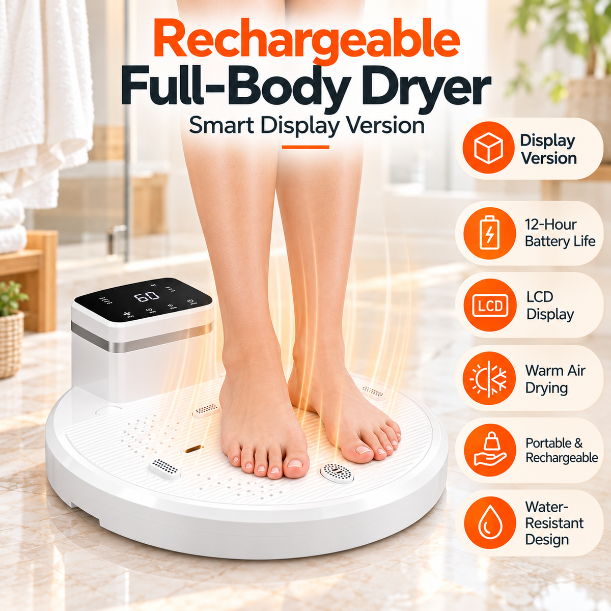 Rechargeable Hands-Free Full Body Dryer | Warm & Cool Air for Shower, Pool, Gym & Spa